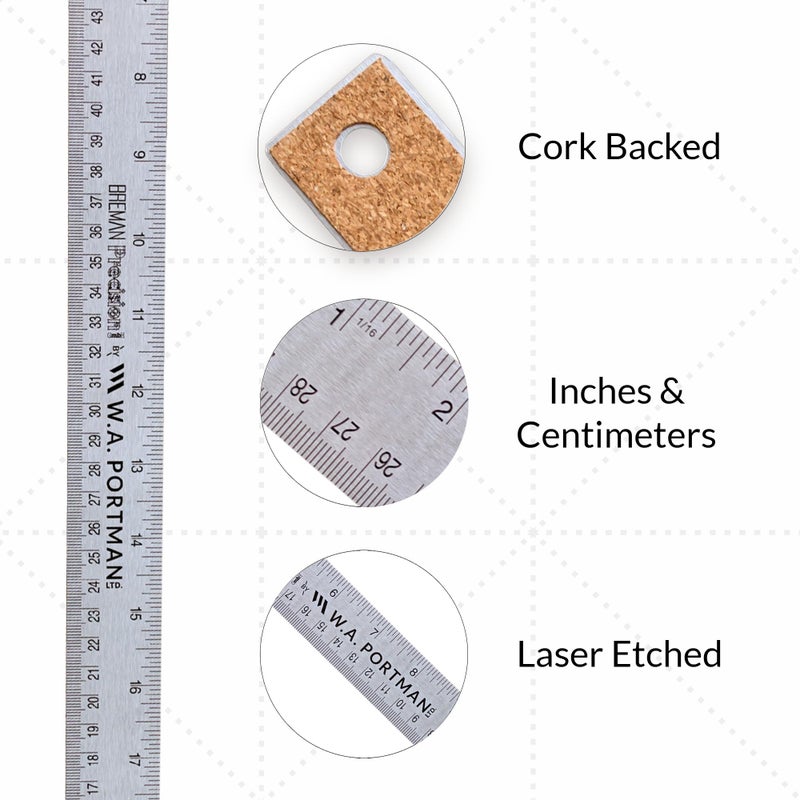 Breman Precision Metal Ruler 24 Inch Cork Back â€“ 2 Pk Stainless Steel Straight Edge, Flexible Non-Slip Metal Ruler with Cork Backing â€“ Imperial & Metric for Crafting, School, Workshop & Home Use - Image 2